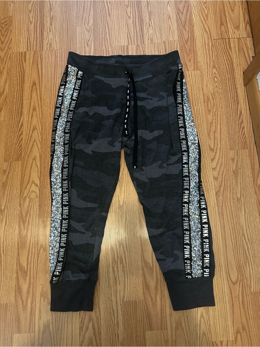 VS Pink Gray Camouflage Sequin Bling Joggers L